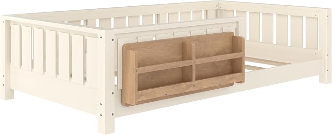 Bellemave Twin Size Floor Bed with high Rails and with Built-in Bookshelf for Kids, Girls, Boys, Wood Montessori Floor Bed Without Door, Beige
