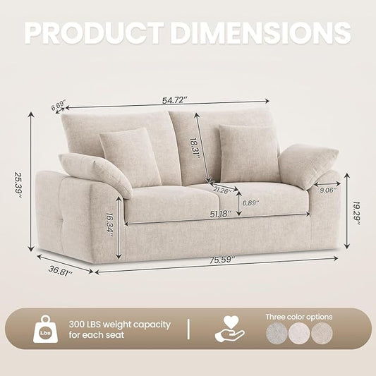 75.6" Modern Loveseat Sofa for Living Room, Cloud Boneless Couches with 4 Pillows, Mid Century Loveseat couches for Small Place, No Assembly Required, Camel