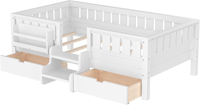 Bellemave Twin Size Kids Montessori Bed with Stairs and Bookshelf,Solid Wood Twin Size Kids Bed Frame with Drawers and Storage for Girls Boys,Low-Profile,White