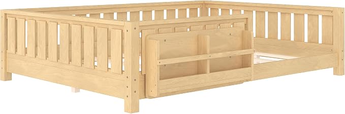Bellemave Queen Size Montessori Floor Bed with Slats and Fence, Queen Size Montessori Bed with Rails and Bookcase, Easy Assemble Floor Beds Frame,Light Natural