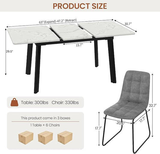 47.2"-63" Extendable Dining Room Table Set for 4-8 People, White | Removable Extension Leaf, Robust MDF Rectangle Tabletop, 6 Grey U-shaped PU Leather Chairs, Heavy Duty Modern Kitchen Table