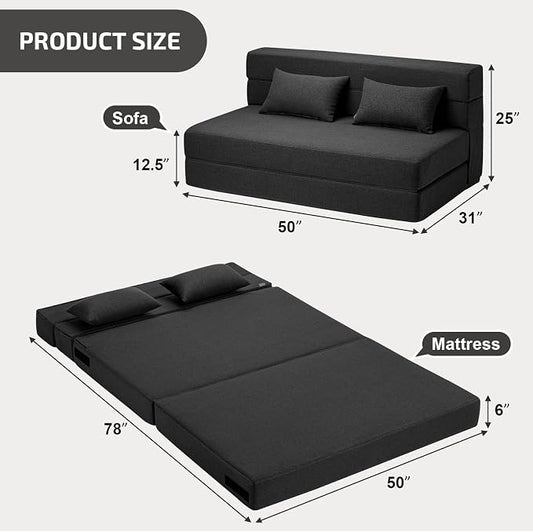 SUYOLS Folding Sofa Bed with Pillows- Convertible Chair Floor Couch & Sleeping Mattress, Foldable Memory Foam Sleeper for Living Room/Dorm/Guest Room/Home Office/Apartment/Loft, Full, Dark Gray