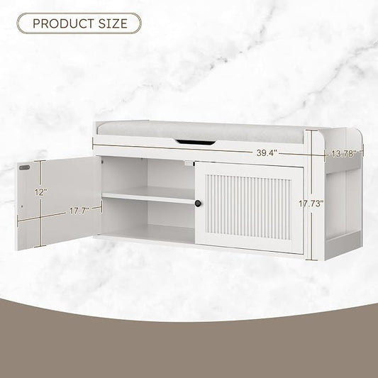 39.4" Storage Bench - Entryway Shoe Bench with Side Storage Shelves and 2 Doors, Multifunctional Entryway Bench with Lift Top Cushion, Shoe Storage Bench for Bedroom, Living Room, White