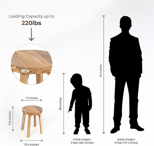 ARROWSTONE Round Stool Acacia Wood, 12" Height, 11" Round Top, Backless, Easy Assembly, Natural Wax Finish, Wooden Stool for Plant, Dining Room, Living Room, Garden, Makeup