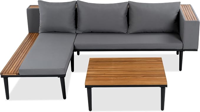 VilroCaz Luxury Outdoor Patio Furniture Set, L-Shaped Acacia Wood Sectional Sofa with Side Table, All-Weather Conversation Set with Removable Cushions and Coffee Table for Backyard Porch (Gray-4.20)