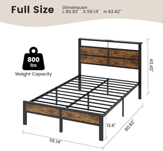 Full Size Metal Bed Frame with Storage Headboard, LED Lights and USB Charging Ports, Brown Platform Bed with Sturdy Slats, No Box Spring Needed, Easy Assembly, Noise Free