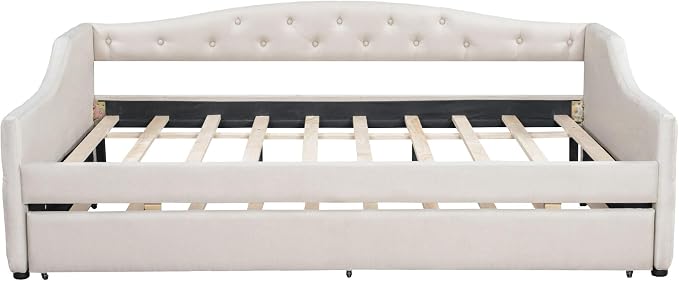 Merax Modern Upholstered Platform Bed Frame with Trundle Bed, Linen Sofa Day Bed with Headboard, No Box Spring Needed/Easy Assemble/Full XL,Beige