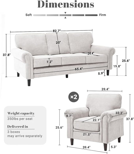 Kingfun 3 Seater Couch with Chair, Mid Century Modern Sofa Set with Rolled Arms and Deep Seats, Fluffy Comfort for Living Room, Apartment, Easy Assembly, Beige