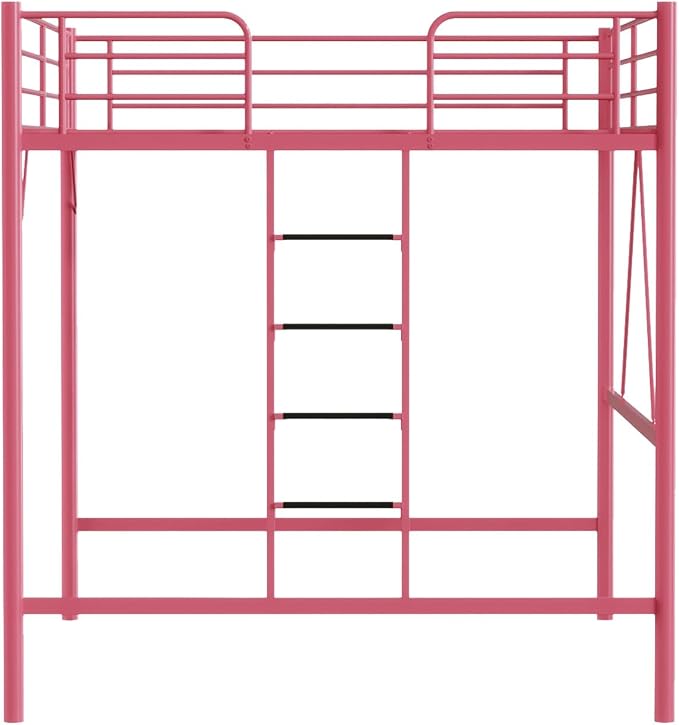 VINGLI Queen Loft Bed with Flat Rungs for Adults, Kids and Young Teens, No Box Spring Required,Heavy Duty Metal Slat Support, Pink