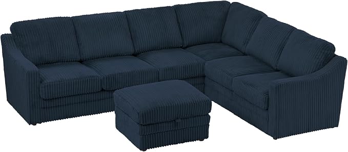 115 Inches Corduroy Sectional Sofa with Storage Ottoman, Modern 7 Seats Corner Couch with Deep Seat, Comfy Modular U Shaped Couch with Comfortable Cushions for Living Room, Blue