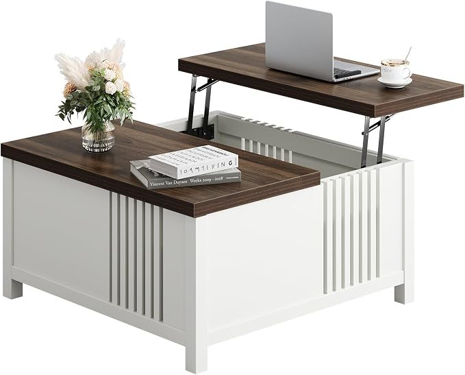 knoworld Farmhouse Lift Top Coffee Table with Storage, 35" Square Large Coffee Table with Hidden Compartment, Rustic Wood Center Table for Living Room, White