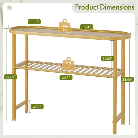 Narrow Console Table Bamboo 39.4", Modern Entryway Table for Hallway Oval Top, Sofa Console Table with Anti-Fall Edge, TV Stand for Living Room, Indoor Outdoor Plant Stand, 5min Easy Assembly