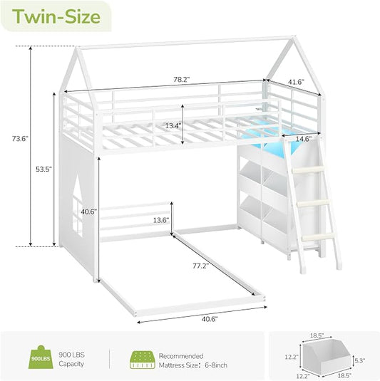 Hasuit Low Bunk Bed Twin Over Twin with Toy Storage Organizer-6 Removable Bins, Floor Bunk Beds with LED Lights, House Bunk Bed with Ladder & Guardrail, Metal L Shaped Twin Bunk Beds for Kids, White