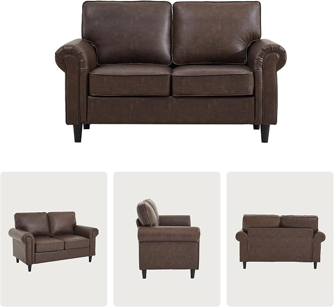 Kingfun Loveseat 2 Seater Couch, Mid Century Modern Faux Leather Sofa with Rolled Arms and Deep Seats, Fluffy Comfort for Living Room, Apartment, Easy Assembly, Cocoa