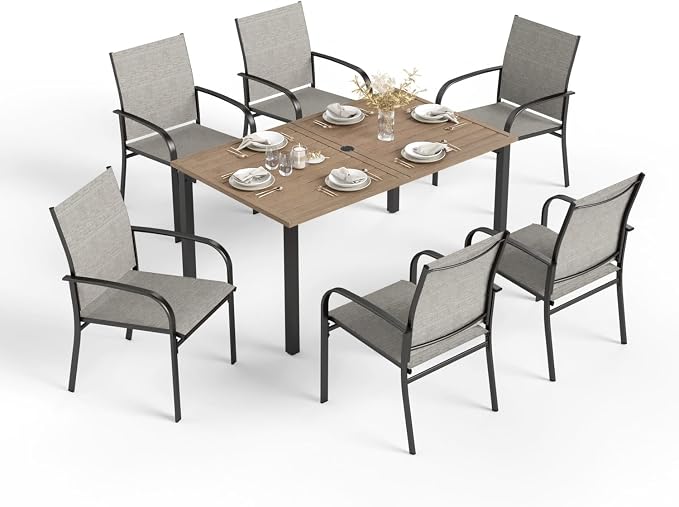 HERA'S HOUSE Patio Table and Chairs for 6, 7 Pieces Outdoor Deck Dining Sets, Wood-Like Rectangular Metal Table Set with Chairs for Lawn Garden Backyard, Brown