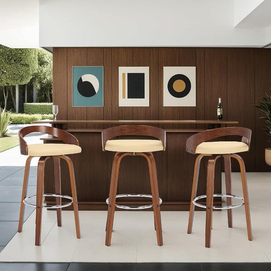 Armen Living Sonia 30" Bar Height Swivel Cream Faux Leather and Walnut Wood Bar Stool - Set of 4