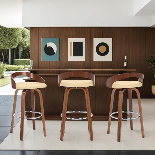Armen Living Sonia 30" Bar Height Swivel Cream Faux Leather and Walnut Wood Bar Stool - Set of 3