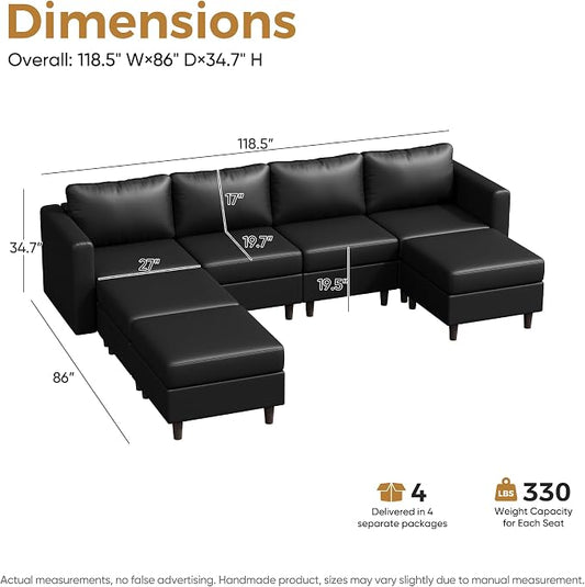 ABCASA 118.5" U Shaped Leather Couch, 7 Seater Oversized Modular Sectional Sofa with Storage Seat & Movable Ottoman, Comfy Pet-Friendly Faux Leather Couches for Living Room,Apartment,Black