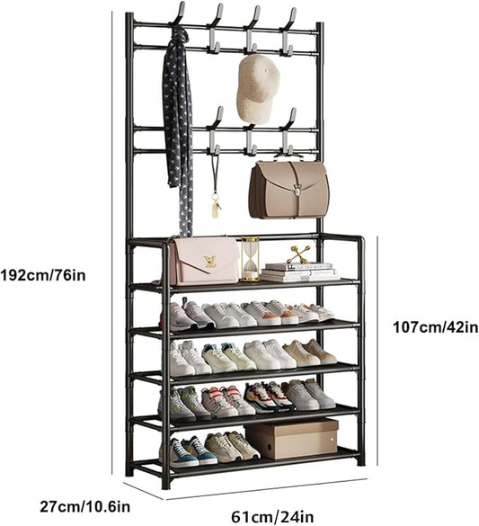 ikaufen 5-Tier Entryway Coat Rack Shoe Shelf, 2-in-1 Hall Tree with 8 Hooks, Thickened Plastic Storage Organizer for Shoes, Bags, Hats (Black/White) (Black)