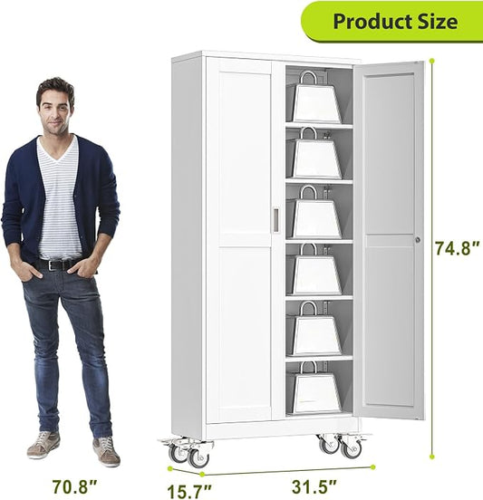 74.8" H Metal Garage Storage Cabinet with Doors and Shelves, Rolling Storage Cabinet with Lock, Steel Cabinets on Wheels, Large Tool Locker for Garage, Home Office, Shop, White