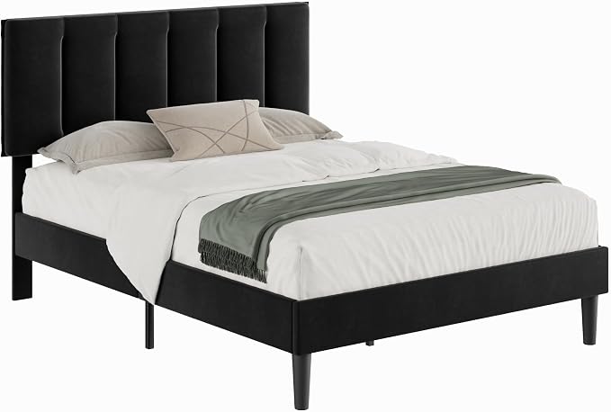 VECELO Queen Bed Frame, Velvet & Black | Upholstered Headboard, Heavy-duty Platform, Strong Wooden Slats Support, No Box Spring Needed