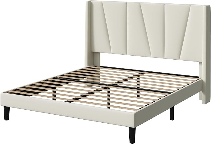 Allewie Queen Size Platform Velvet Bed Frame with Geometric Wingback Headboard, Boho Upholstered Bed with Wooden Slats Support, No Box Spring Needed, Easy Assembly, Cream