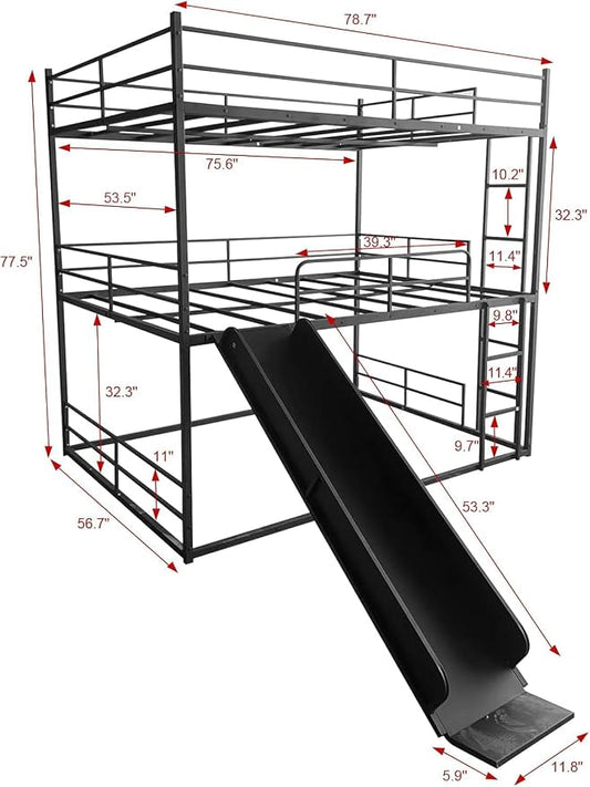 Triple Bunk Bed with Slide, Full Over Full Over Full Metal Bunk Bed with Guardrail and Ladder, Heavy Duty Triple Bed Frame for 3 Teenagers/Adults, No Box Spring Needed,Easy Assembly