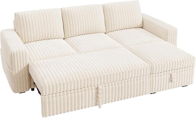 HONBAY Modular Sectional Sofa with Pull Out Bed,Corduroy L Shaped Sleeper Sofa with Storage, Sectional Couches for Living Room,Beige