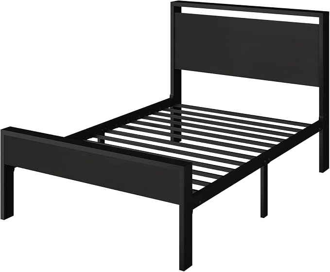 SHA CERLIN 14 Inch Twin Size Metal Platform Bed Frame with Wooden Headboard and Footboard, Mattress Foundation, No Box Spring Needed, Large Under Bed Storage, Heavy Duty Slats Support, Black Oak