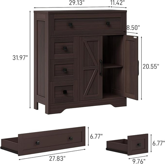 Vabches Farmhouse Storage Cabinet with 2 Doors and 4 Drawers, Freestanding Bathroom Storage Cabinet Kitchen Pantry, Floor Cupboard for Living Room/Bathroom/Kitchen,Espresso