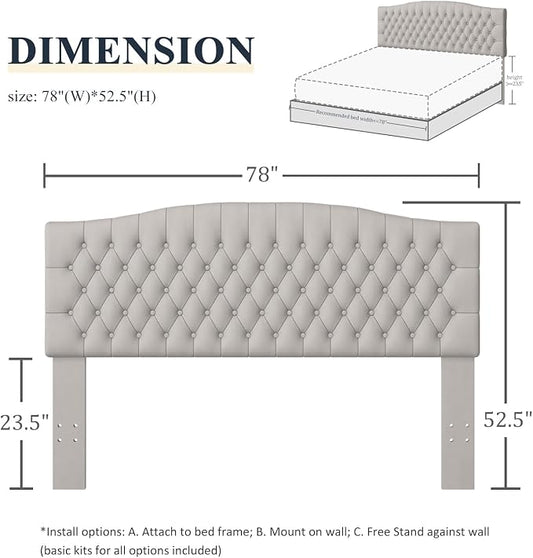 Furpopup Velvet King Size Headboard Only, Upholstered Wall Mount Light Gray | 2 ways to use:Wall-mounted (for adjustable bed) and bed frame mounted, Easy to assemble, Classic button design headboard