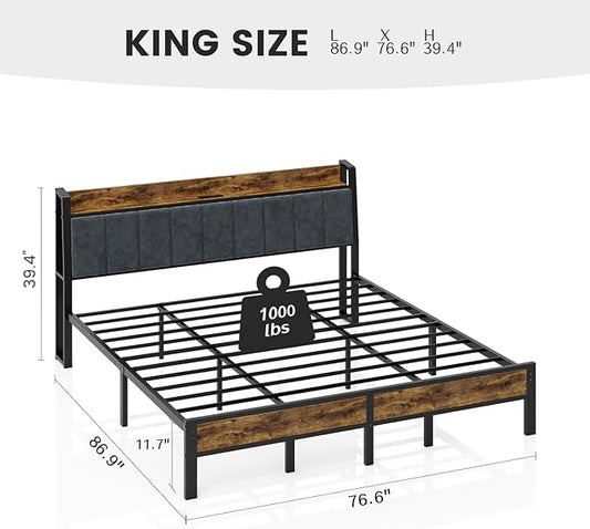 Liians King Size Bed Frame with Charging Station, Storage Headboard Smart LED Lights, Metal Platform Bed Frame with USB Ports, Noise Free, No Box Spring Needed, Easy Assembly