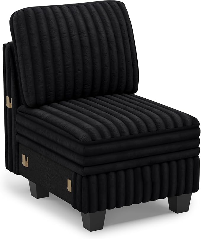 Belffin Plush Corduroy Single Module with Storage for Modular Sectional Sofa Black Couch