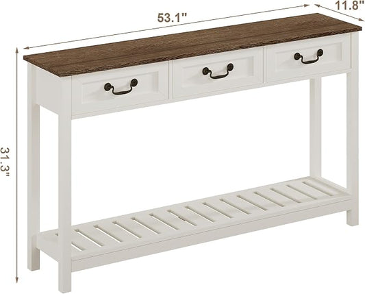 ChooChoo Farmhouse Console Table with 3 Drawers, Rustic Entryway Table, Narrow Long Sofa Table for Living Room, Hallway, Behind Couch, Soft White and Brown