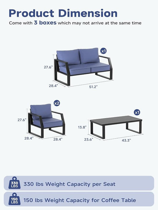 Oversized Modern Outdoor Patio Furniture Set with 5" Thick Cushions, Deep Seats & Wide Armrests, Comfortable Aluminum All-Weather Rustproof UV-Resistant Frame, 4-Seater for Garden, Backyard, Poolside