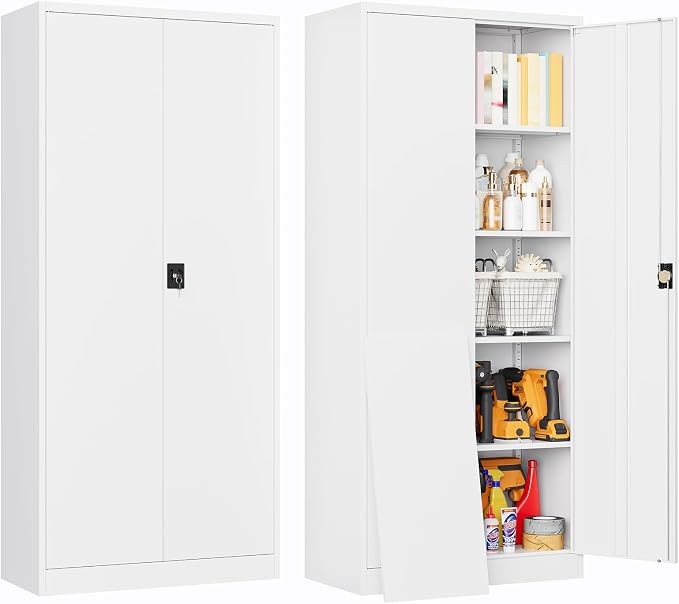 Metal Cabinet,71" Lockable Storage Cabinet with 2 Doors and 5 Adjustable Shelves,Tall Steel Cabinets for Garage,Home Office,Basement,School,Hospital(White)