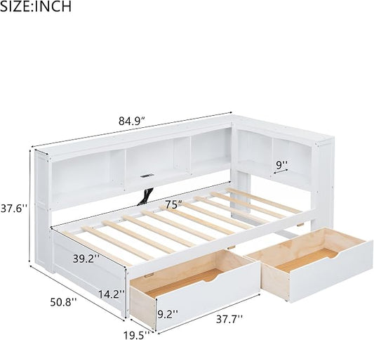 Bellemave Twin Corner Bed Frame with USB Ports, Wood Twin Size Daybed with L-Shaped Bookcase and 2 Drawers,Daybed with Storage Cabinets, White