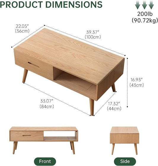 100% Solid Wood Coffee Table for Living Room, 39.37'' W Mid-Century Modern Coffee Table with Storage Shelf and 2 Drawers, Oak Coffee Tables for Home (Original Wood Color)