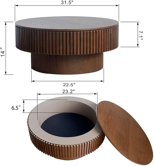 Round Coffee Table with Storage, Modern Wooden Coffee Table with Solid Wood Veneered, Circle Center Table Accent Tea Table for Living Room Apartment Small Space (31.5''L × 31.5''W × 14''H, Walnut)