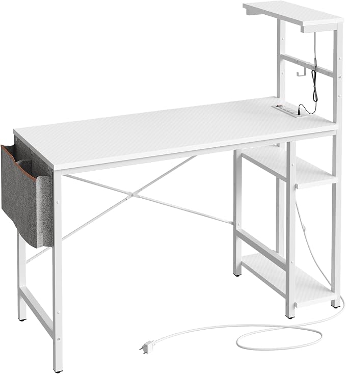 Bestier Gaming Desk with Power Outlets, 44 Inch Led Gamer Desk with 4 Tiers Reversible Shelves, PC Gaming Table with Headset Hook & Side Storage Bag for Bedroom (White 3D Carbon Fiber)