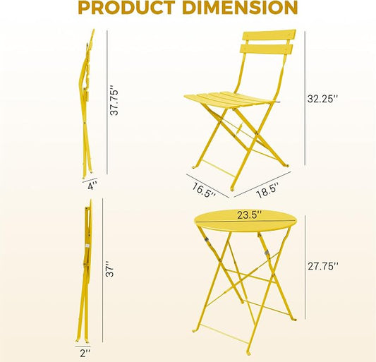 Grand patio 3-Piece Folding Bistro Set, 2 Chairs and 1 Table, Weather-Resistant Outdoor/Indoor Conversation Set for Patio, Yard, Garden-Yellow