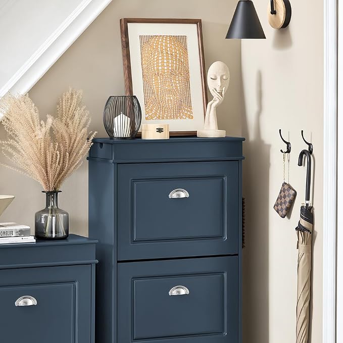 Haotian Shoe Cabinet with 3 Flip Drawers, Freestanding Shoe Rack for Entryway, Shoe Organizer with Hidden Drawer, Navy Blue, FSR94-B (9.45" D x 20.87" W x 46" H)