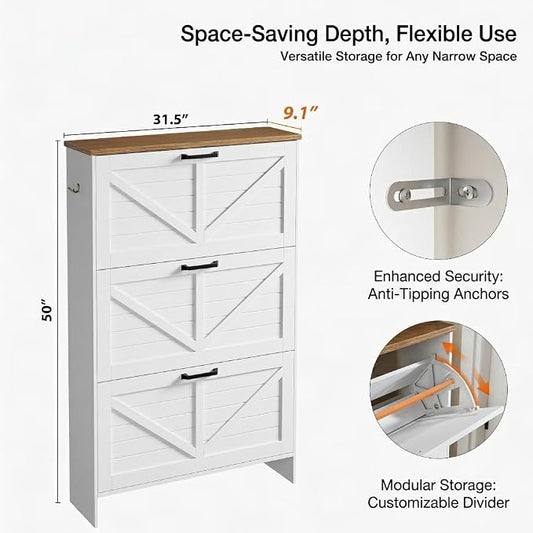 Nicetree Shoe Storage Cabinet for Entryway, Freestanding Fluted Accent Ultra Slim Shoe Cabinet with 3 Flip Drawers, Farmhouse Shoe Rack with 3-Tier Adjustable Shelves for Hallway Foyer Rustic-White