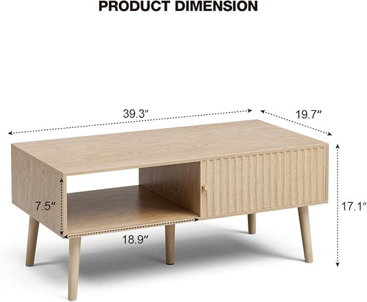LCRBOL Coffee Table with Fluted Sliding Door, Modern, Natural | 39.3"L x 19.7"W x 17.1"H, double-sided sliding door & open shelf (7.5" clearance), golden knob, 5 tapered legs