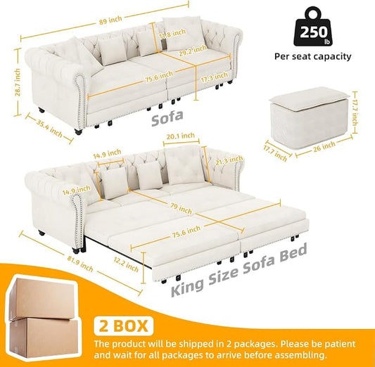 89'' Pull Out Sofa Bed King, Chesterfield Velvet Sleeper Sofa, Convertible L-Shaped Futon Couch, Tufted Back, 4 Pillows, Ottoman, Deep Seat Loveseat Couches for Living Room, Apartment, Beige