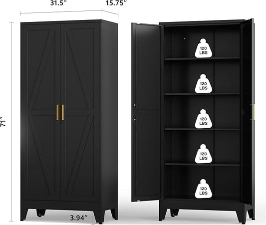 Metal Kitchen Pantry Cabinet,71" Black Farmhouse Storage Cabinet with 2 Vintage Barn Doors and 4 Adjustable Shelves, Rustic Freestanding Cupboard for Kitchen,Home Office Living Room,Dining Room
