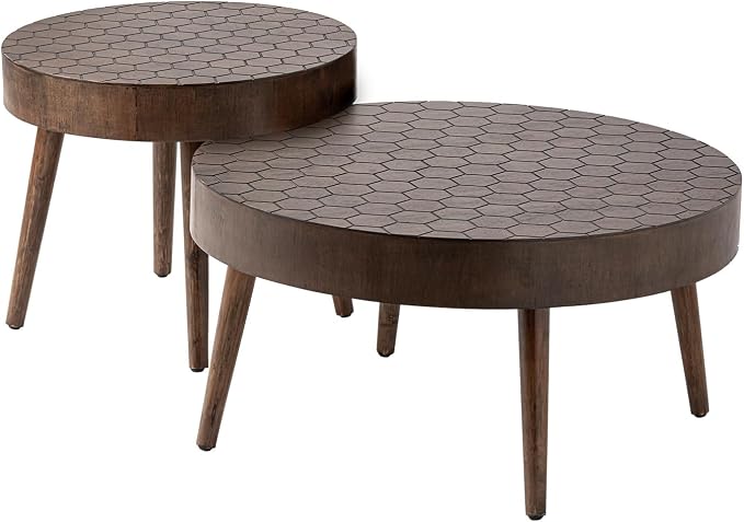 COSIEST Round Coffee Table Set of 2, Nesting Tables with Honeycomb Pattern, Modern End Table for Living Room, Farmhouse, Brown