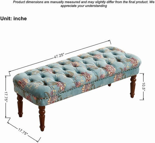 47" Upholstered Entryway Bench, Tufted Bench with Wood Leg, Floral Print Seating Benches Sofa for Balcony, Living Room, Bedroom (47" Bench)