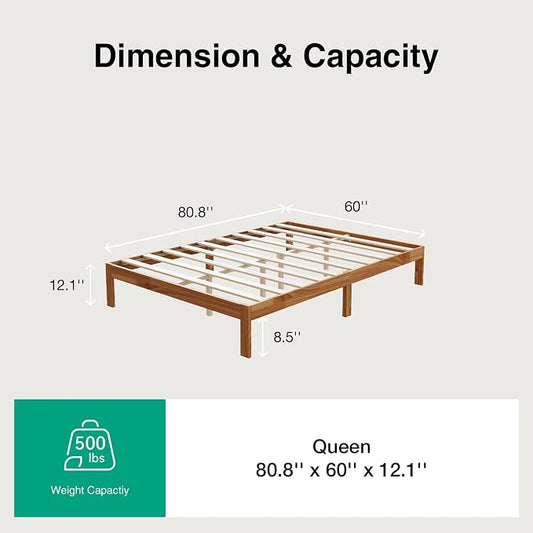 Novilla 12 Inch Wooden Queen Bed Frame, Platform Bed Frame Queen Size Without Headboard, Sturdy Wood Slat Support, No Box Spring Needed, Easy Assembly, Natural