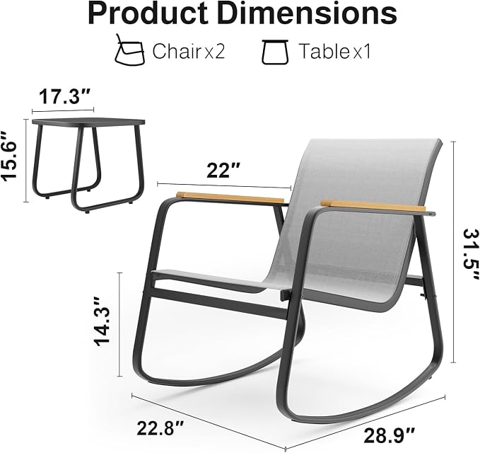 Aiho 3 Piece Patio Bistro Set, Textilene Outdoor Furniture Set with Patio Rocking Chairs with Wooden Armrests and Glass Table for for Lawn, Porch, Balcony, Poolside(Grey)